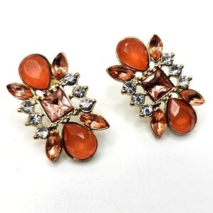 Peach Rhinestoned Rectangular Post Earrings 1"